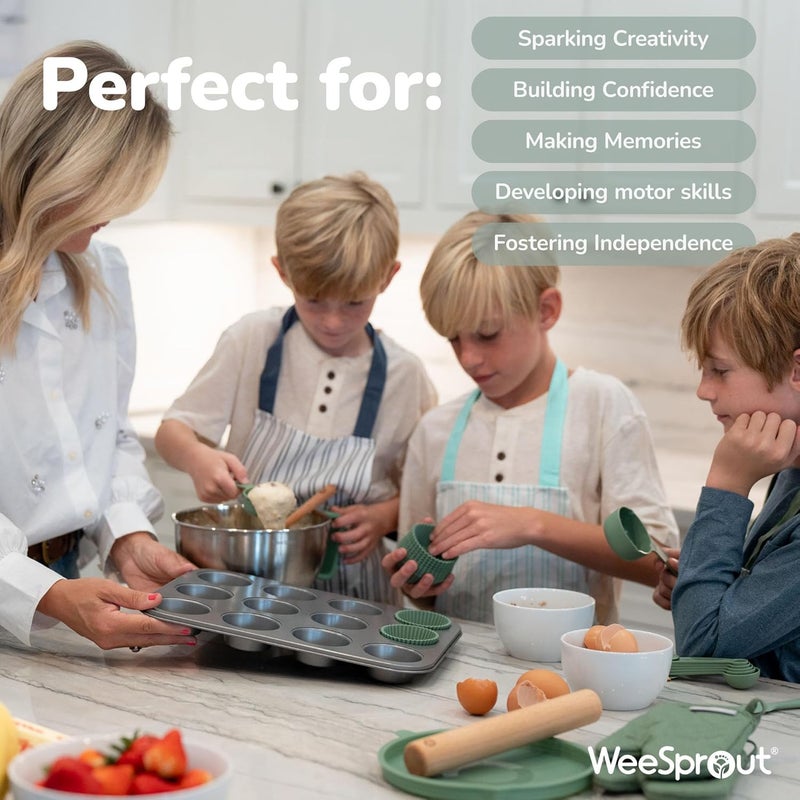 WeeSprout Ultimate Baking Kit for Kids - Kids Baking Set with Child Sized Utensils - Includes Apron, Oven Mitts, Silicone Mats & Liners - Perfect Cooking Set for Ages 6-12 - Gift for Children Green - Image 4